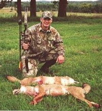 Josh Beaman, 21, of Berlin, WI shot 2 coyotes on the opening morning of the 2001 achery deer season.  He seen a total of 5 coyotes that morning.  They were taken in the town of Saxeville in Waushara County.  He used a Mathews bow and spit fire broadheads with carbon arrows.